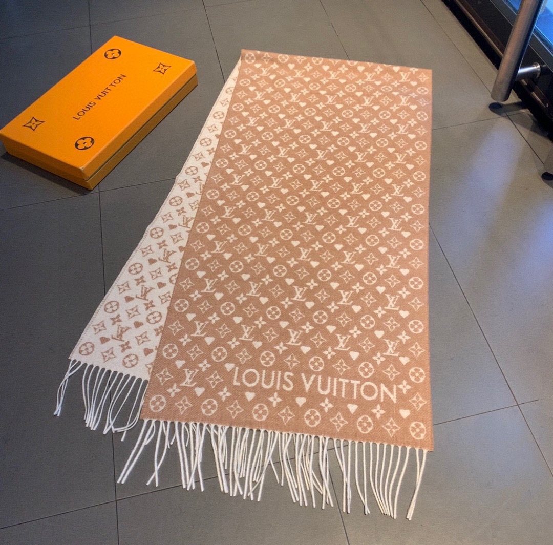 Louis Vuitton Tan and Cream Fringe Scarf — front