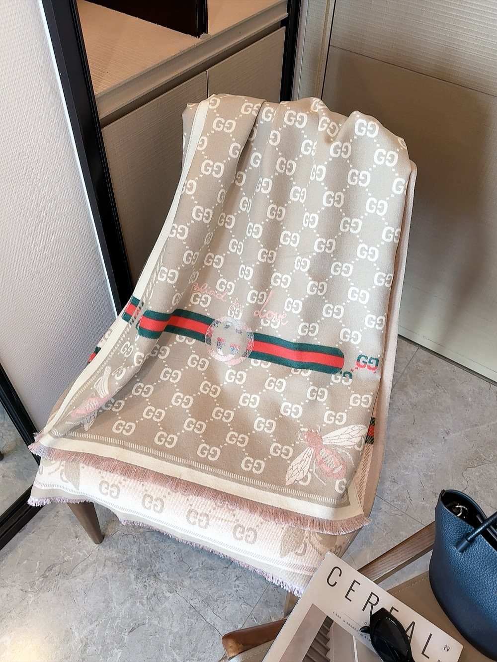 Blush Beige Patterned Fringe Scarf — front